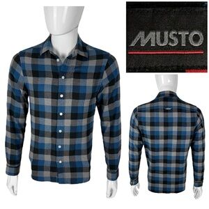 Musto Mens Small Shirt Flannel Lightweight Blue Custom Fit 100% Cotton Check EUC